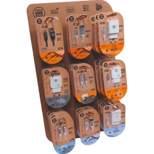 Expositor TECH ONE TECH - Cargadores GaN · Cables USB · 9 Ganchos · 27 Productos