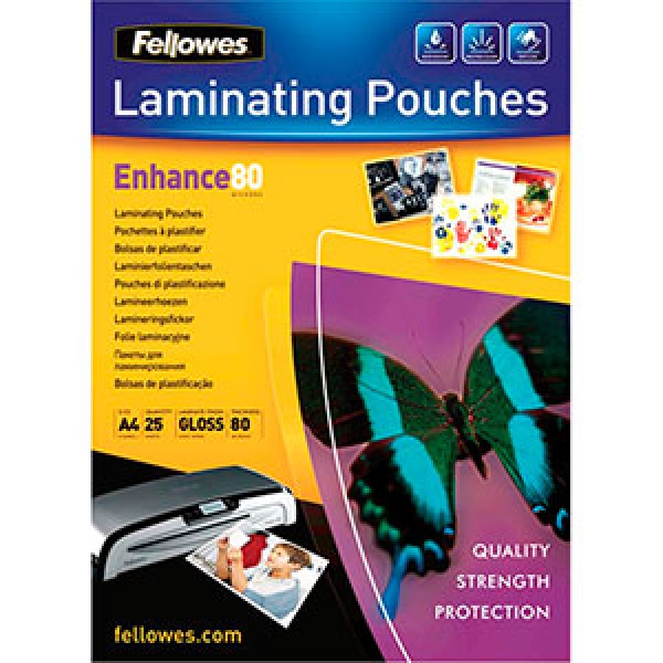 Pack 25 Unidades Fundas de Plastificar con Brillo FELLOWES A4 80 micras - 5396205