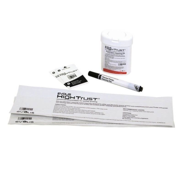 Cinta de Transferencia Térmica EVOLIS ACL002 - 2xTarjetas Tipo T · 2xTarjetas Adhesivas · Boligafo Limpiador · Dispensador de Toallitas