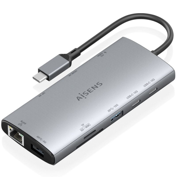 Docking USB Tipo C AISENS ASUC-10P050-GR - 1xDisplayport · 1xHDMI 4K · 1xRJ45 · 2xUSB Tipo C · 1xUSB Tipo PD · 1xLector de Tarjetas