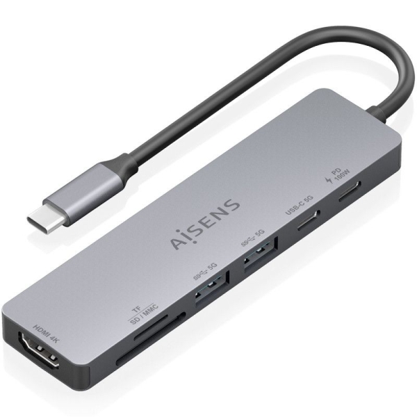 Docking USB Tipo C AISENS ASUC-7P048-GR - 2xUSB · 1xUSB Tipo C PD · 1xUSB Tipo C · 1xHDMI 4K · 1xLector de Tarjetas