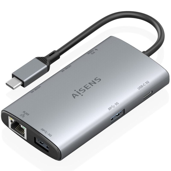Docking USB Tipo C AISENS ASUC-7P049-GR - 2xUSB · 1xUSB Tipo C PD · 2xHDMI 4K · 1xRJ45 · 1xUSB Tipo C