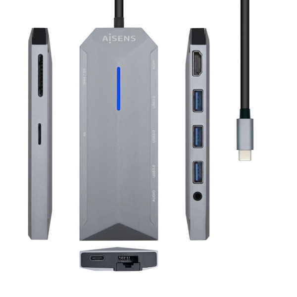 HUB USB Tipo C 3xUSB 3.0 1xRJ45 1xLector SD 1xHDMI - 0.15m · Gris