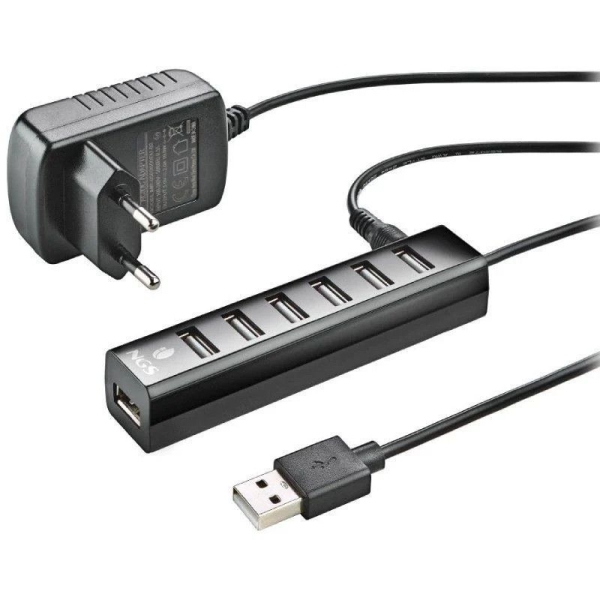 HUB USB 2.0  con Alimentación Externo 7xUSB - Negro