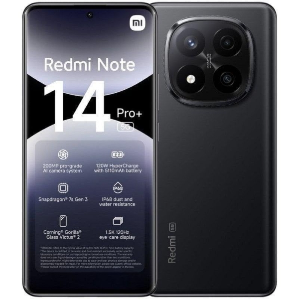 Smartphone XIAOMI Redmi Note 14 Pro Plus - 5G · NFC · Sanpdragon 7s Gen3 · 6.67" ·  8GB · 256GB · HyperOS · Negro