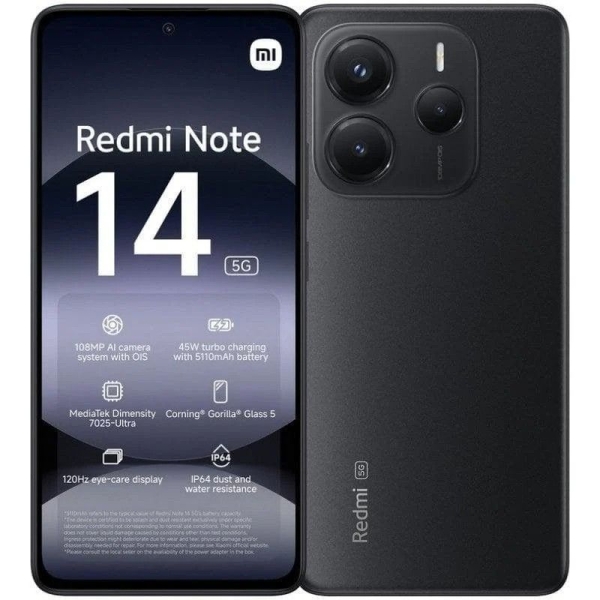 Smartphone XIAOMI Note 14 - 5G · MediaTek Dimensity 7025-Ultra · 6.67" AMOLED · 6GB · 128GB · HyperOS · Negro