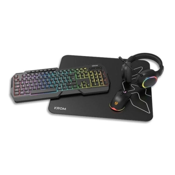 Pack Gaming con Cable KROM Kenta - Teclado Membrana · Ratón Óptico · Auriculares con Micrófono · Alfombrilla · Retroiluminado Negro