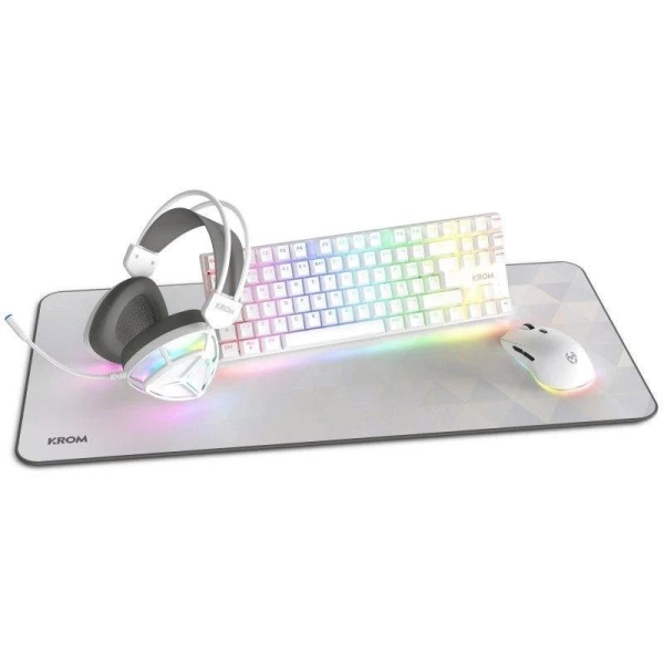 Pack Gaming con Cable KROM Klass TKL Layout - Teclado · Ratón Óptico · Auriculares con Micrófono · Alfombrilla · Retroiluminado Blanco
