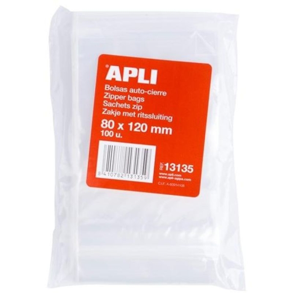 Bolsas autocierre APLI PL13135 · 80X120MM · Autocierre · 100 Unidades · LDPE Transparente