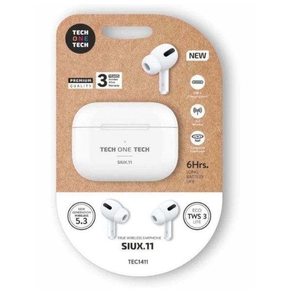 Auriculares Inalámbricos TECH ONE TECH SIUX.11 - Micrófono · Estuche de Carga · Cancelación de Ruido · Blanco