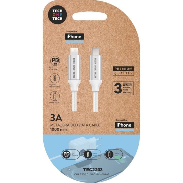 Cable USB Tipo C/M a Lightning/M - 1m · Blanco