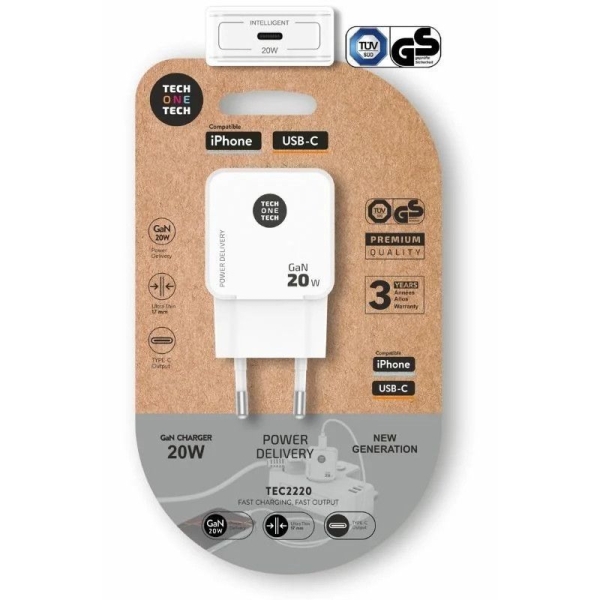 Cargador de Pared TECH ONE TECH - 20W GaN · USB Tipo C · USB · Blanco