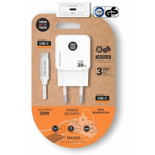 Cargador de Pared TECH ONE TECH - 20W GaN · Cable USB Tipo C · Blanco