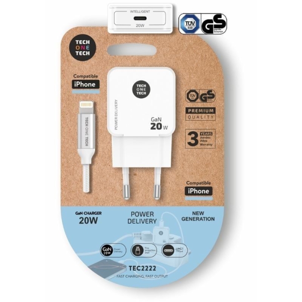 Cargador de Pared TECH ONE TECH - 20W GaN · Cable Lightning · Blanco
