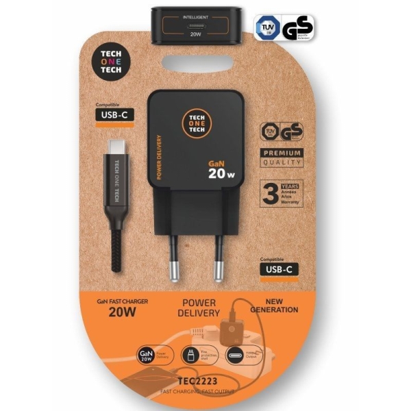 Cargador de Pared TECH ONE TECH - 20W GaN · Cable USB Tipo C · Negro