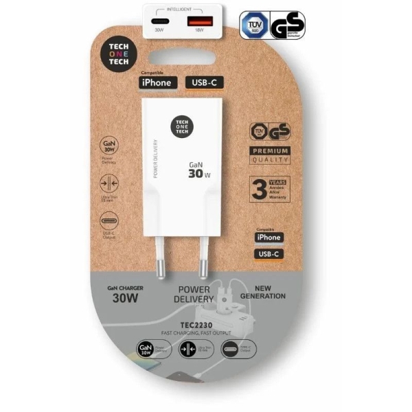 Cargador de Pared TECH ONE TECH - 30W GaN · USB Tipo C · USB · Blanco