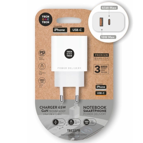 Cargador de Pared TECH ONE TECH - 65W GaN · USB Tipo C · USB · Blanco