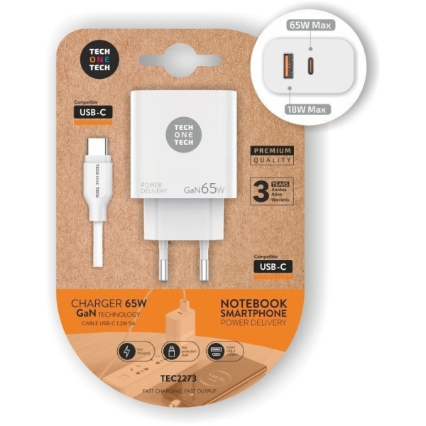 Cargador de Pared TECH ONE TECH - 65W GaN · Cable USB Tipo C · USB · Blanco