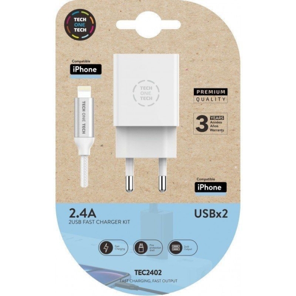 Cargador de Pared TECH ONE TECH - 12W GaN · Cable Lightning · 2xUSB · Blanco