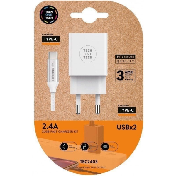 Cargador de Pared TECH ONE TECH - 12W GaN · Cable USB Tipo C · 2xUSB · Blanco