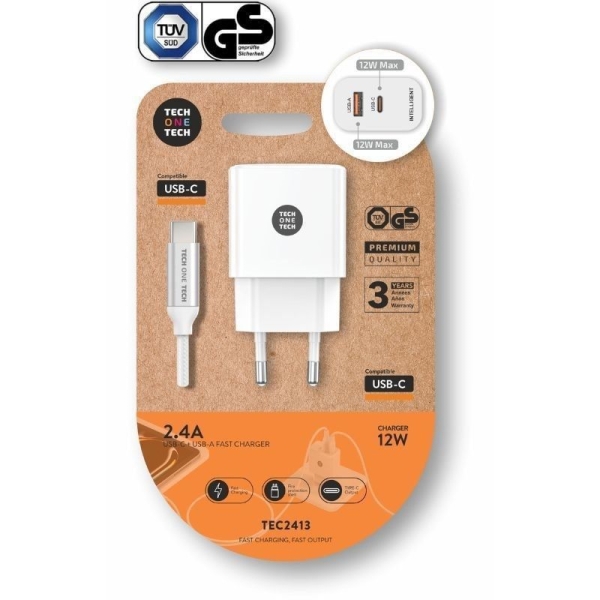 Cargador de Pared TECH ONE TECH - 12W GaN · USB Tipo C · USB · Cable USB Tipo C · Blanco