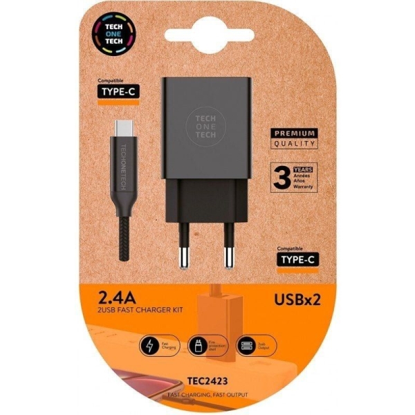 Cargador de Pared TECH ONE TECH - 12W GaN · USB Tipo C · USB · Cable USB Tipo C · Negro