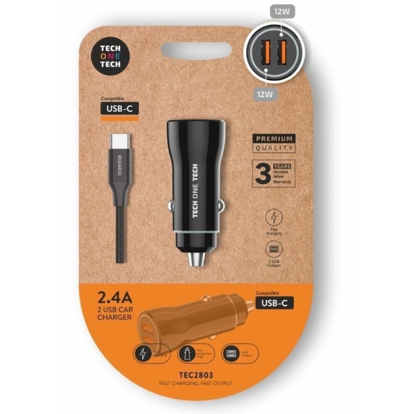 Cargador de Coche TECH ONE TECH TEC2803 - 12W · 2xUSB · Cable USB Tipo C · Negro
