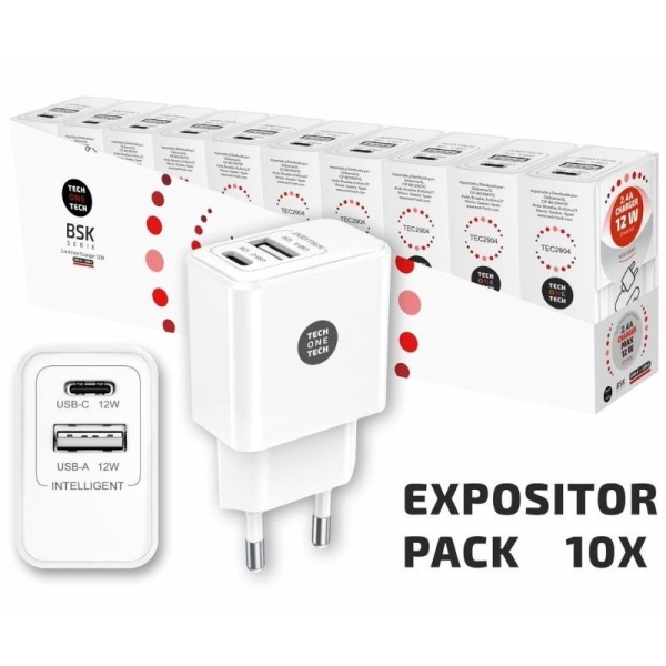 Pack 10 Cargadores de Pared TECH ONE TECH - 12W GaN · USB · Blanco