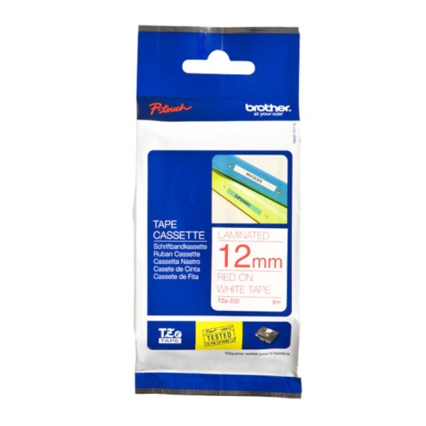 Cinta Original Laminada BROTHER TZE232 12mm x 8m Blanco/Rojo - TZE232